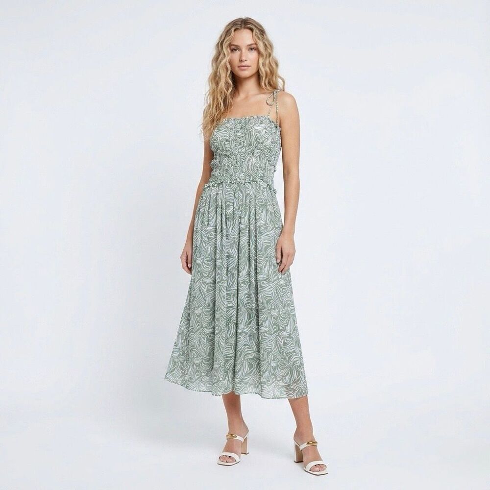 En Saison Green White Wavy Abstract Smocked Boho Summer Maxi Dress Medium